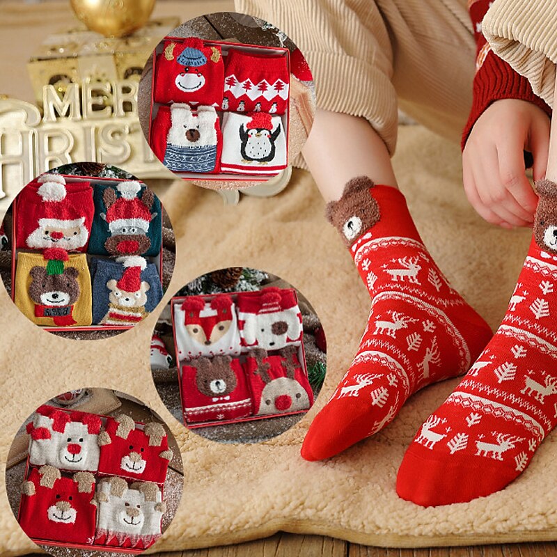Autumn And Winter New Product Cartoon Christmas Socks Gift Box 4 Pair Deer Medium Tube Cotton Socks Primordial Year Red Medium Tube Socks for Christmas Gifts2