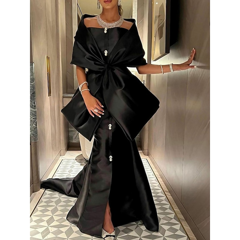 Mermaid Evening Gown Elegant Dress Formal Court Train Half Sleeve Off Shoulder Satin with Bow(s) Slit