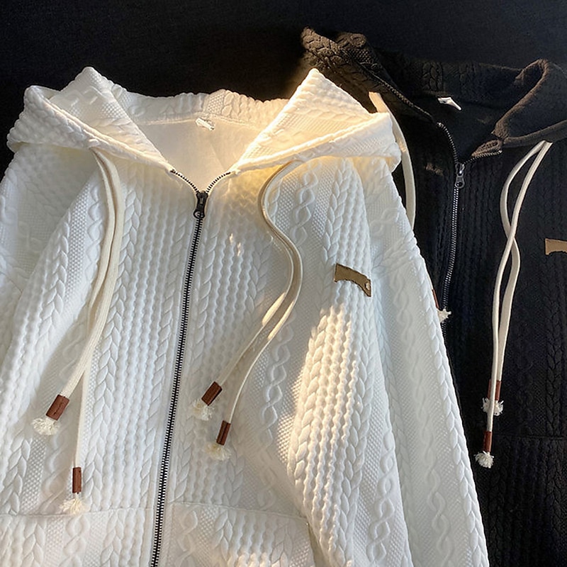 Women's Zip Up Hoodie Sweatshirt Active Sportswear Textured Jackets Solid Color Casual Sports Hoodie Zip Up Drawstring Front Pocket Long Sleeve Black White Fall & Winter3