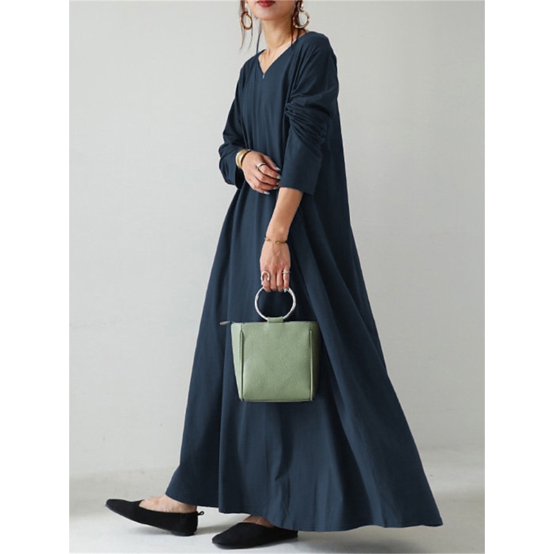 Women's Long Dress Maxi Dress Linen-Inspired Dresses Black Dress Casual Dress Winter Dress Fashion Streetwear Mature Outdoor Street Daily Loose Fit Long Sleeve V Neck Black Yellow Brown Dark Blue4