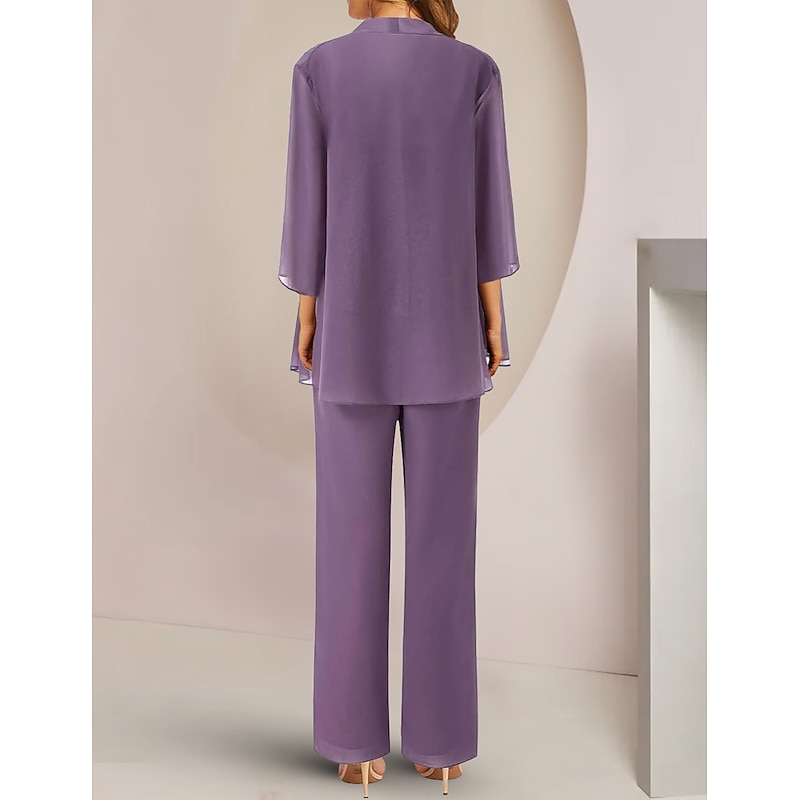 Pantsuit 3 Piece Mother of the Bride  Formal Wedding Guest Elegant Square Neck Ankle Length Chiffon Lace Half Sleeve with Appliques2