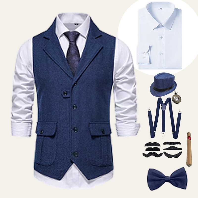 Retro Vintage Roaring 20s 1920s Outfits Shirt Waistcoat Normal Gentleman Gangster Solid Color Fancy Dress Men's Halloween Carnival New Year Party / Evening Prom Bachelorette Party Adults' Vest Shirt2