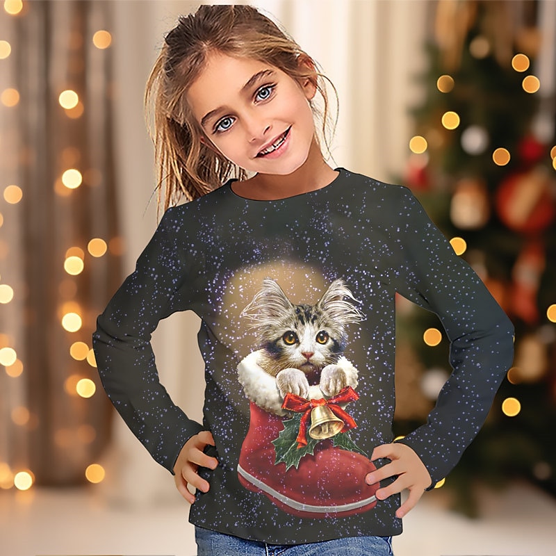 Girls' 3D Cat Tee Shirt Long Sleeve 3D Print Fall Winter Active Fashion Cute Polyester Kids 3-12 Years Crew Neck Outdoor Casual Daily Regular Fit2