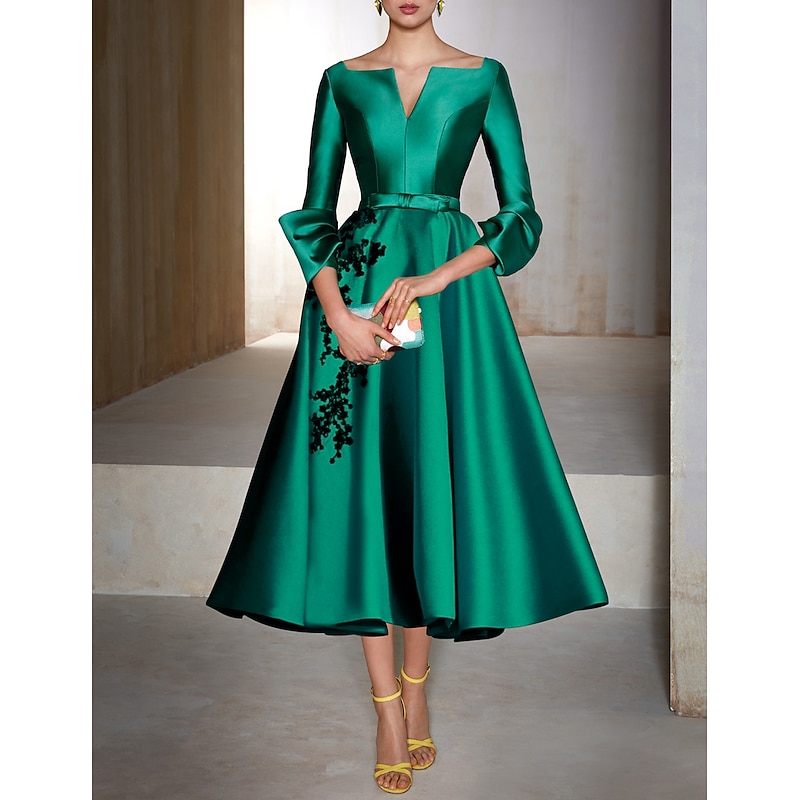 A-Line Cocktail Dresses Elegant Dress Wedding Wedding Guest Tea Length 3/4 Length Sleeve V Neck Satin with Bow(s) Appliques Dresses