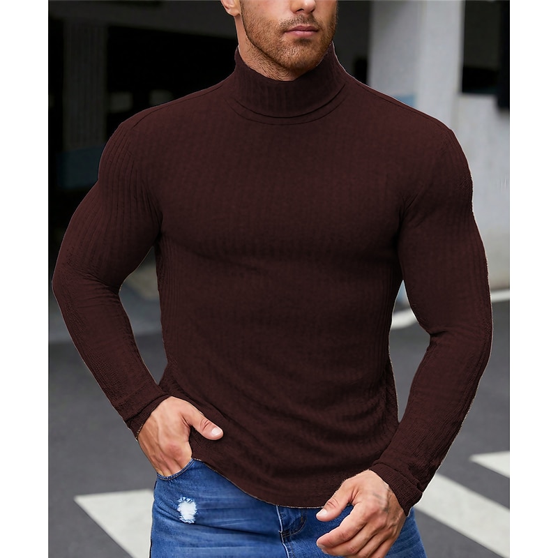 Men's T Shirt Turtleneck shirt Knit Tee Tee Top Long Sleeve Turtleneck Spring &  Fall Plain Pit Strip Fashion Designer Basic Knitting Vacation Street Going out Brown Top Tee for Men