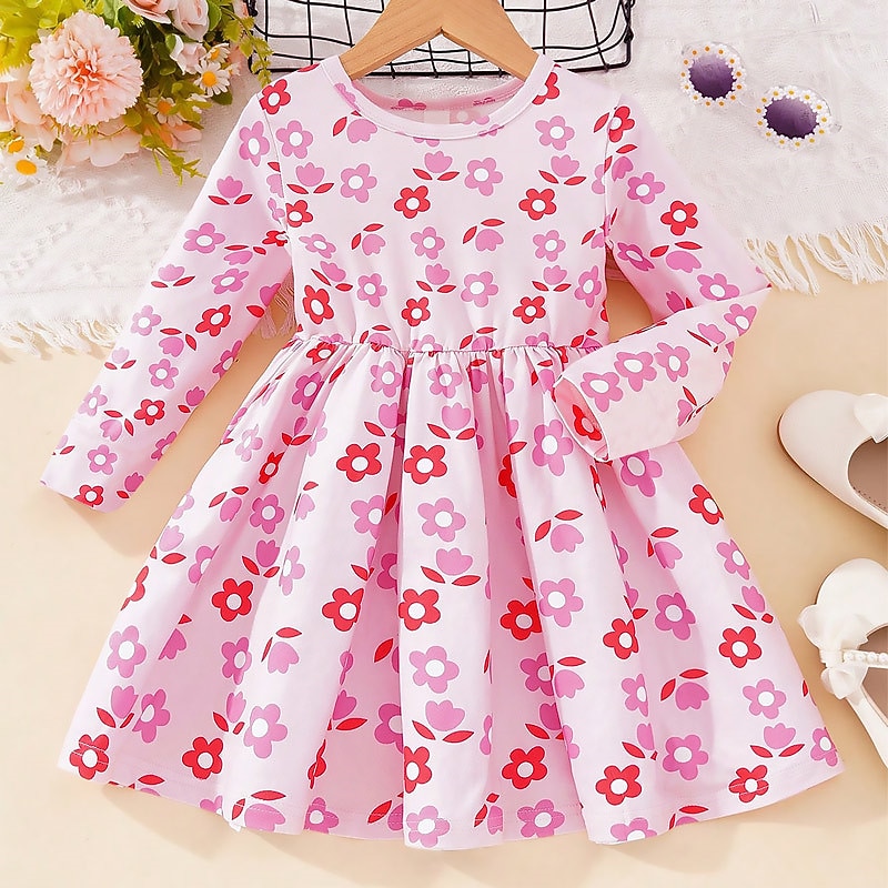 Easter Girls' 3D Floral Dress Pink Long Sleeve 3D Print Fall Winter Vacation Sports & Outdoor Daily Cute Casual Beautiful Kids 4-12 Years Casual Dress A Line Dress Above Knee Regular Fit