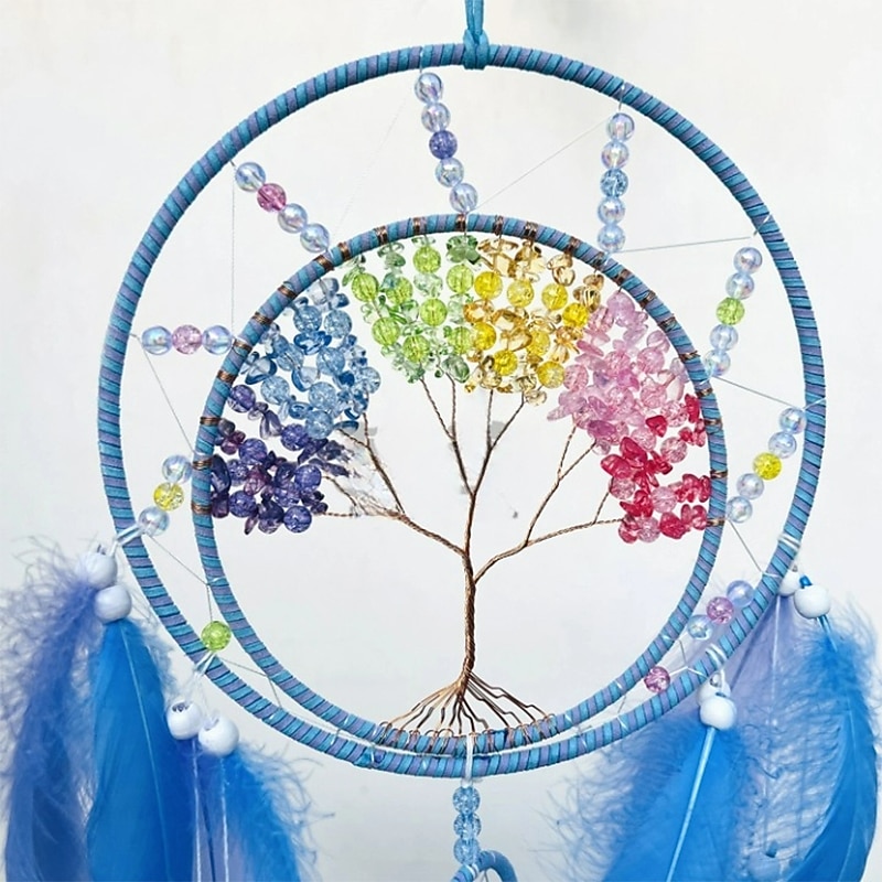 Life of Tree Dream Catcher Handmade Gift with Blue Feather Hook Flower Wind Chime Ornament Wall Hanging Decor Art Boho4