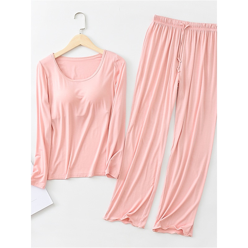 Women's Pajamas Sets Pure Color Casual Comfort Home Bed Modal Breathable Crew Neck Long Sleeve Shirt Pant Fall Winter Home Outfits3