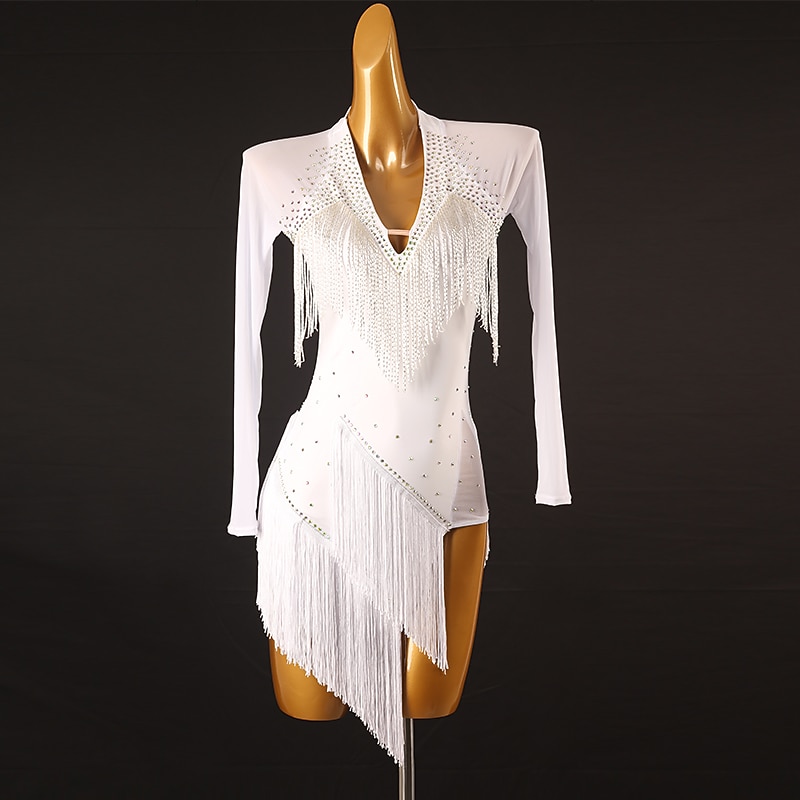 Latin Dance Latin Salsa Dance Dress Tassel Crystals / Rhinestones Women's Performance Long Sleeve Spandex