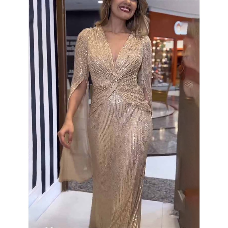 Women's Sequin Dress Prom Dress Party Dress Sequins Glitter V Neck Long Sleeve Winter Dress Champagne Red Fall Winter2