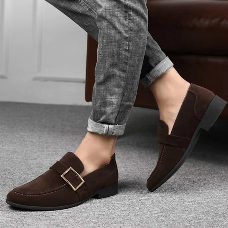 Men's Brown Faux Suede Loafers with Metal Buckle – Classic Slip-On Shoes for Everyday Comfort2