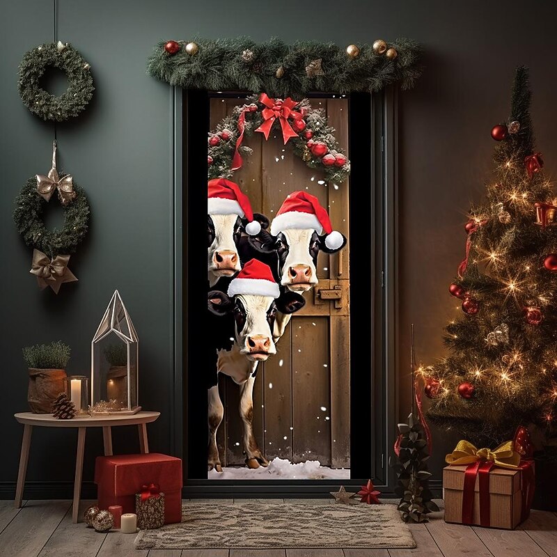 Christmas Door Decorations Cows Door Covers Door Tapestry Door Curtain Decoration Xmas Backdrop Door Banner for Front Door Holiday Party Decor Supplies3