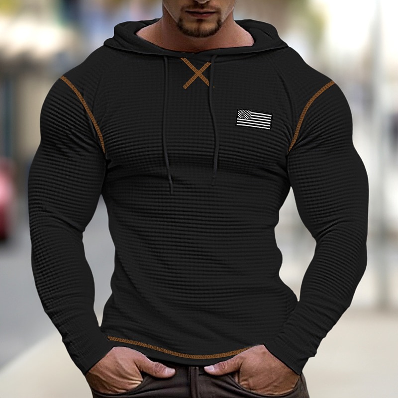 Men's Waffle Shirt T Shirt Tee Top Long Sleeve Shirt Long Sleeve Hooded Spring &  Fall Raglan Sleeve National Flag Fashion Designer Basic Vacation Street Going out Black White Brown Top Tee for Men3