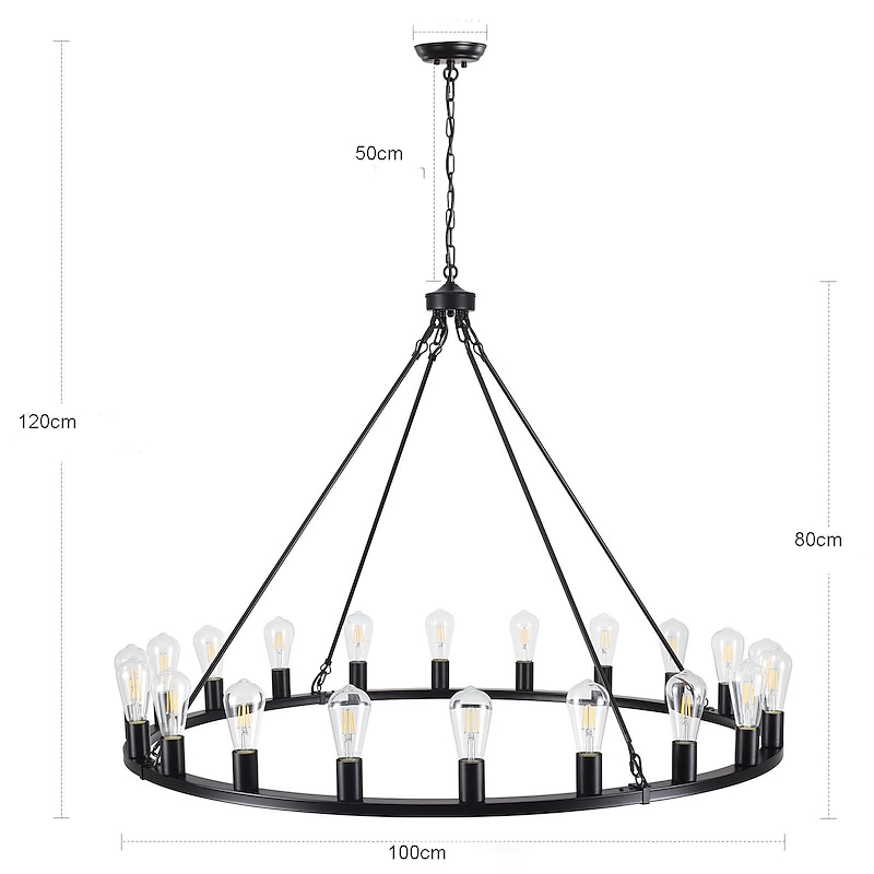 Black Chandelier 20 Lights for Living Room 100cm Round Rustic Industrial Hanging Chandelier for Dining Room Foyer Hallway Kitchen Island 110-240V2