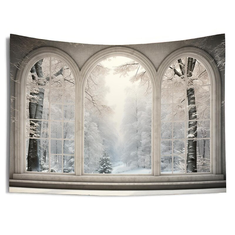 Winter Snow Window Hanging Tapestry Wall Art Large Tapestry Mural Decor Photograph Backdrop Blanket Curtain Home Bedroom Living Room Decoration3