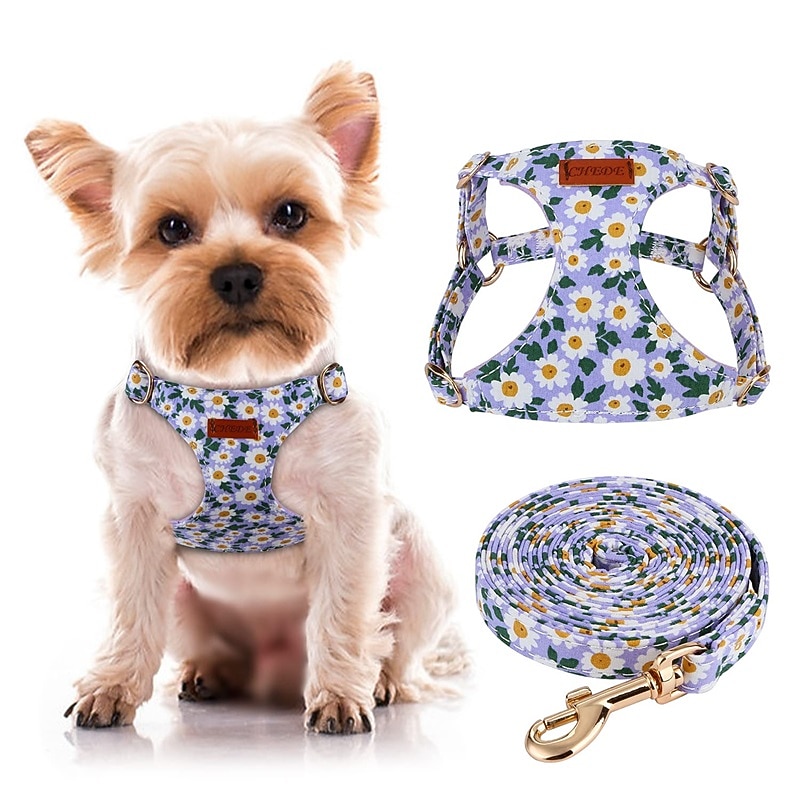 No Pull Floral Pattern Dog Harness- Lightweight and Soft Dog Harness Adjustable Small Dog Harness and Leash Set with Dog Leash Suitable for Puppy Small and Medium-Sized Dog