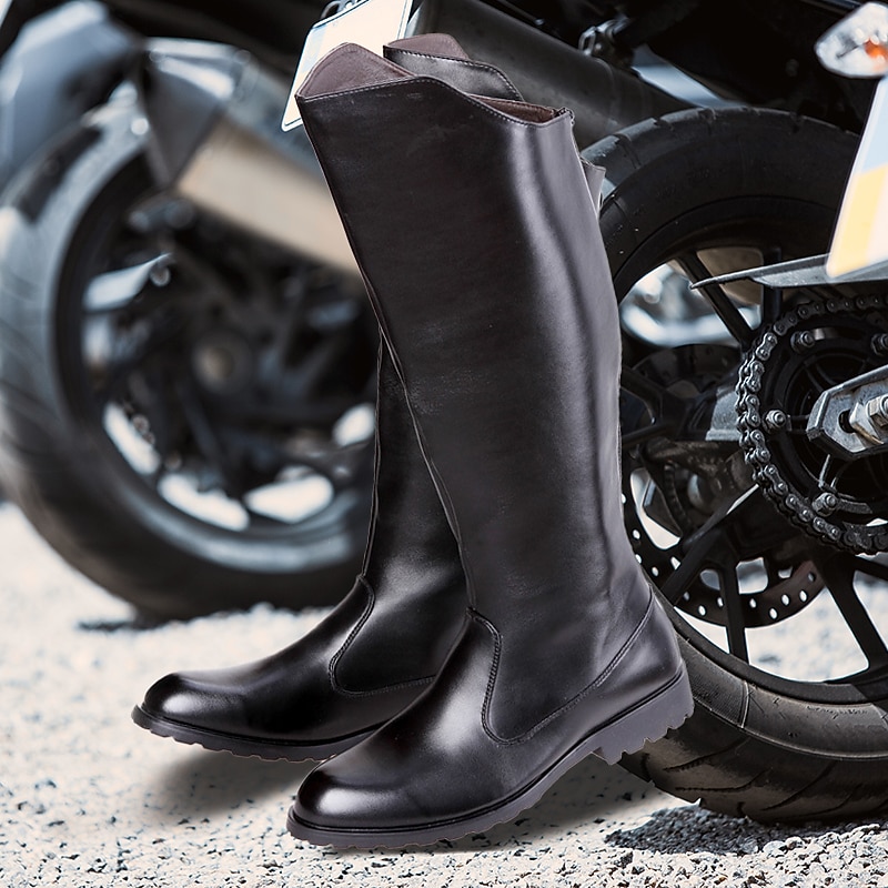 Men's Black Faux Leather Motorcycle Riding Boots with Rugged Sole - Classic Equestrian Style Knee-High Biker Boots for Outdoor and Casual Wear