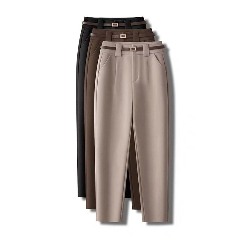 Women's Dress Pants Fleece Pants Straight Fashion Streetwear Full Length High Waist Plain Pocket High Cut Comfort Breathability Soft Micro-elastic Office Work Apricot Black Coffee Fall Winter