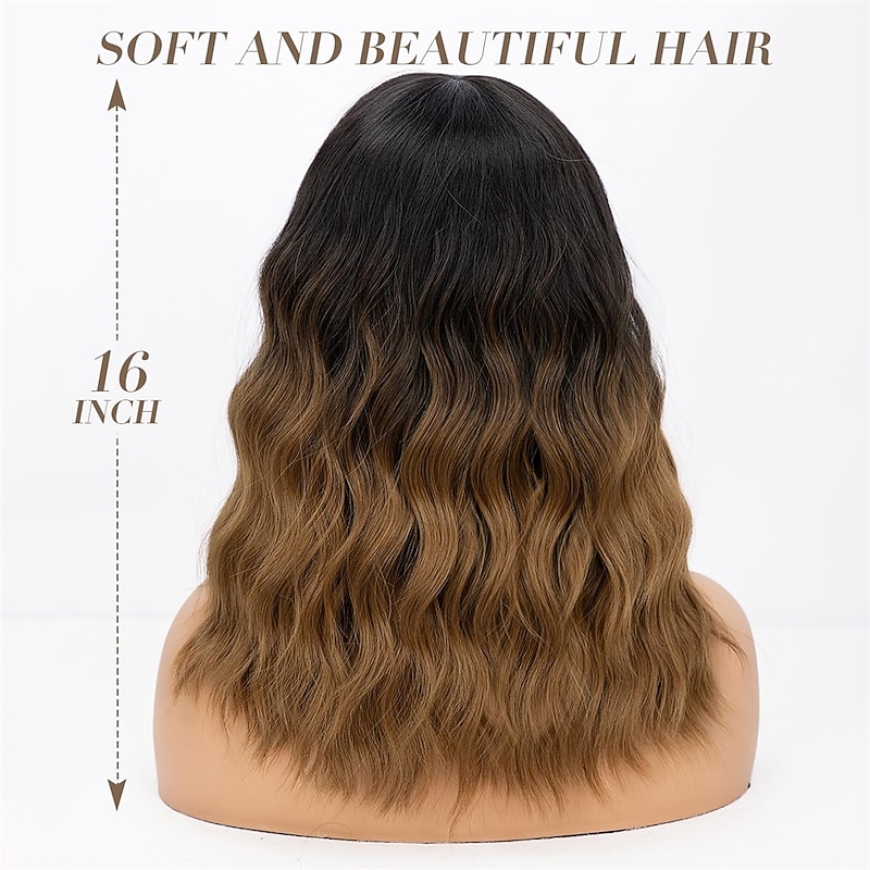 Short Wavy Wig with Bangs for Women Shoulder Length Bob Curly Women's Charming Synthetic Wigs with Natural Wavy Black To Brown Heat Resistant Hair for Daily Party Use Christmas Party Wigs3