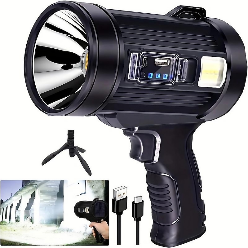 Rechargeable Spotlight Flashlight, Ultra Bright 200000 Lumen Spotlight with Stand with 3 Main Modes and 4 Color Filters, LED Spotlight Outdoor Handheld, USB Cable Included, Suitable for Boating
