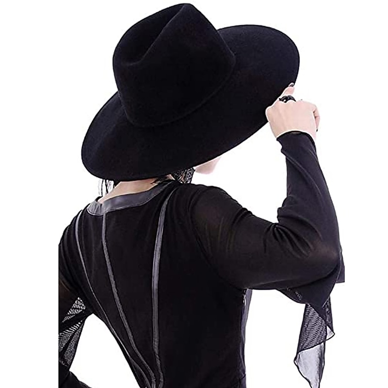 Punk Gothic Wide Brim Hat Fedora Hat Witchy Stiff Women's Fashion Accessory Black Wool Wide Brim Steampunk Witch Hat2