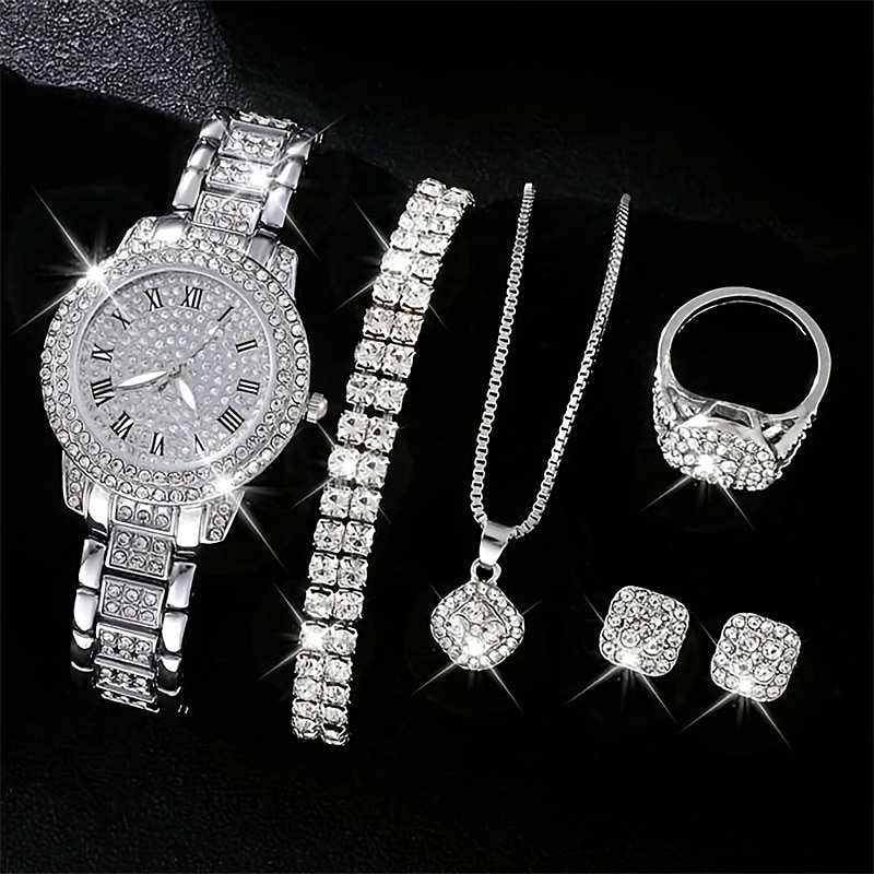 Luxury Rhinestone Quartz Watch Hiphop Fashion Analog Wrist Watch & 6pcs Jewelry Set Gift For Women Her