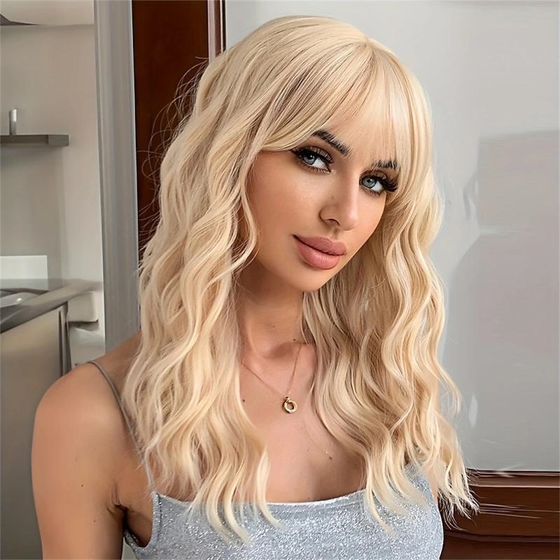 22 Inch Long Blonde Wig For Women With Bangs Wavy Curly Synthetic Hair Natural Looking Heat Resistant Fiber For Daily Party Christmas Party Wigs