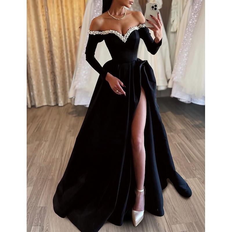 A-Line Evening Gown Black Dress Formal Masquerade Sweep / Brush Train Long Sleeve Off Shoulder Satin with Pearls Slit