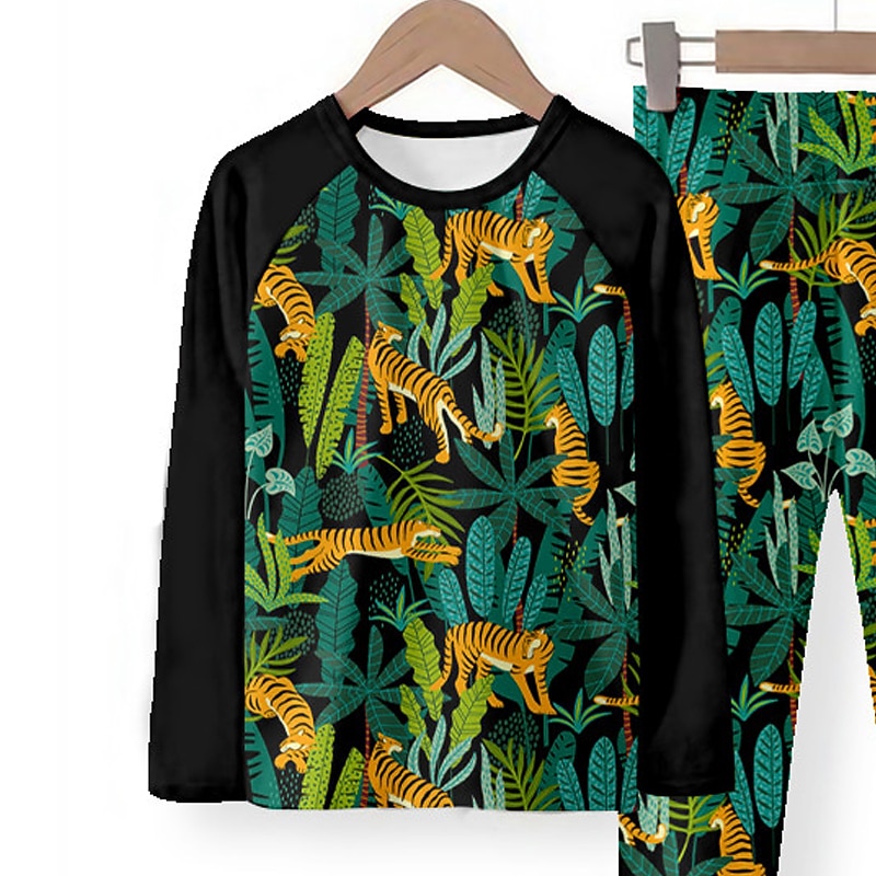 Boys 3D Tiger Pajama Sets Long Sleeve 3D Print Fall Winter Fashion Cool Daily Kids 3-12 Years Crew Neck Home Causal Indoor Regular Fit4