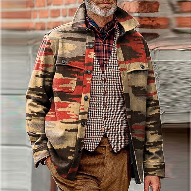 Men's Plaid Color Block Shirt Shirt Jacket Overshirt Long Sleeve Vintage Outdoor Street Casual Daily Fall & Winter Turndown Buttons Pocket Print Green khaki3