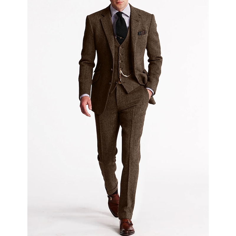 Men's Tweed Herringbone Suits 3 Piece Vintage Retro Plus Size Solid Colored Tailored Fit Single Breasted Two-buttons Brown Burgundy Dark Navy Green Fall/Winter4