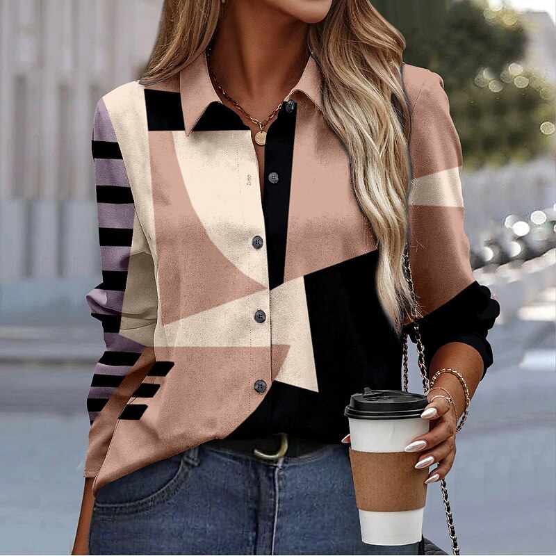 Women's Shirt Button Down Tunic Shirt Collar Long Sleeve Fashion Color Block s Print Regular Tops Casual Pink Blue Purple Green Khaki Spring & Fall4