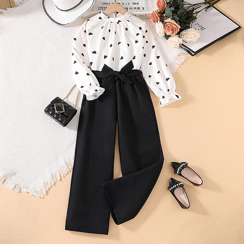 2 Pieces Kids Girls' Polka Dot Tie Knot Pants Suit Set Long Sleeve Active School 7-13 Years Spring White