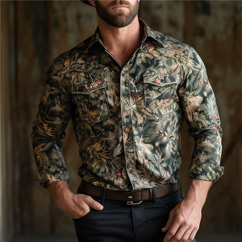 Men's Camo / Camouflage Shirt Western Shirt Cowboy Shirt Long Sleeve Casual Daily Wear Going out Weekend Fall & Winter Turndown Pocket Print Button-Down Army Green Dark Green Green2
