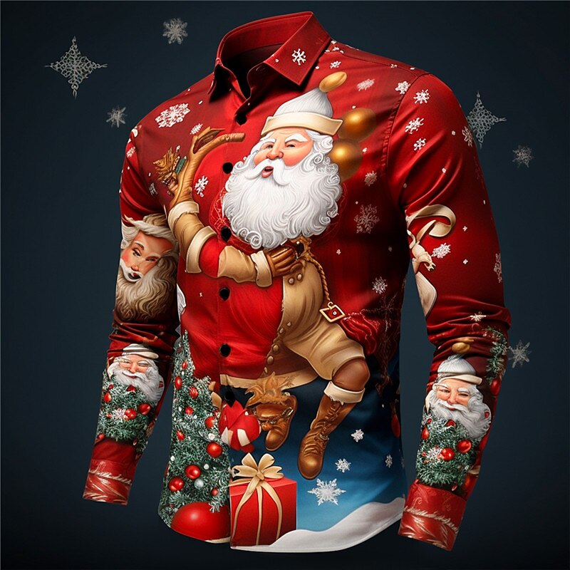 Christmas Men's Santa Claus Printed Shirts Santa Claus Tree Casual Daily Wear Going out Fall & Winter Turndown Long Sleeve Dark Red, Red, Burgundy S, M, L 4-Way Stretch Fabric Shirt3