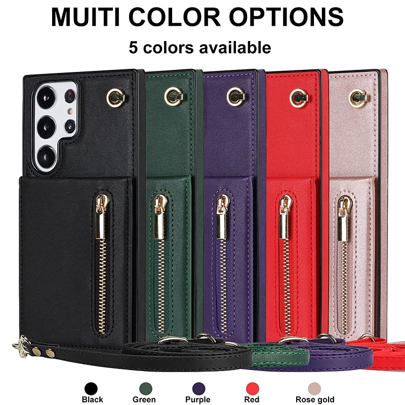 Phone Case For Samsung Galaxy S25 S24 S23 S22 S21 FE S21 Ultra Plus Back Cover Wallet Case with Stand Holder Zipper with Lanyard TPU PU Leather2