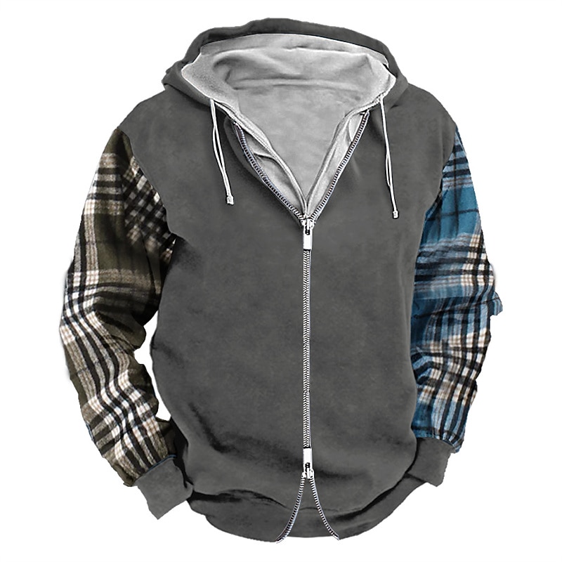 Men's Zip Up Hoodie Full Zip Sweatshirt Army Green Navy Blue Khaki Dark Gray Hooded Plaid Zip Up Patchwork Sports & Outdoor Daily Holiday Polyester Streetwear Cool Casual Spring &  Fall Clothing4