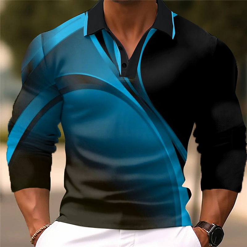 Men's Geometric Polo Shirts Golf Shirt Long Sleeve Polo Shirts Collared Shirts Business Casual WorkWear Formal Wear Festival Wear 3D Print Buttons Fall & Winter Wine Dark Navy Blue