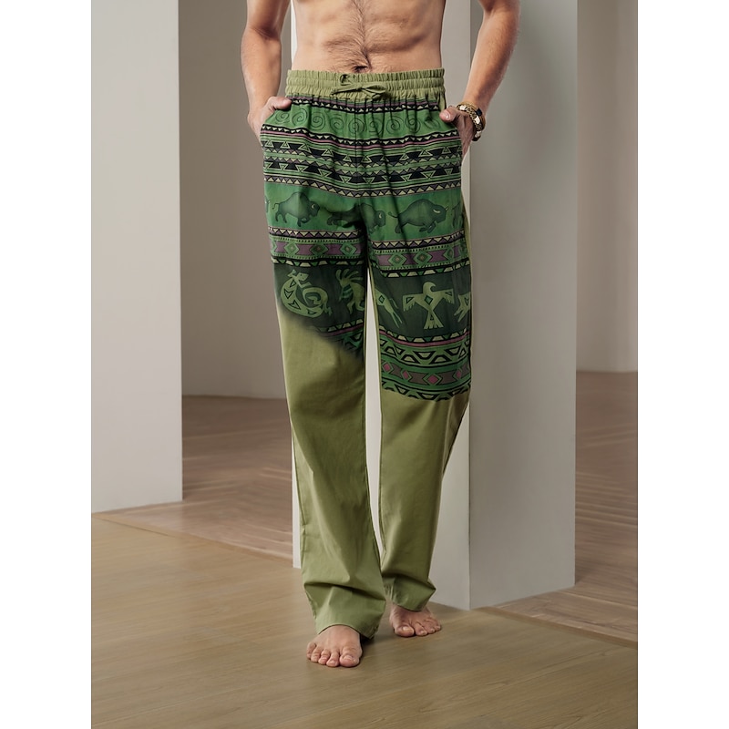 Men's Color Block Cow Graphic Prints Linen Pants Trousers Baggy Pants Mid Waist Streetwear Hawaiian Designer Casual Daily Holiday Drawstring Elastic Waist 3D Print Autumn / Fall Spring & Summer 3D2