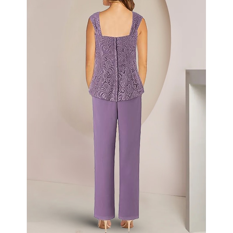 Pantsuit 3 Piece Mother of the Bride  Formal Wedding Guest Elegant Square Neck Ankle Length Chiffon Lace Half Sleeve with Appliques4