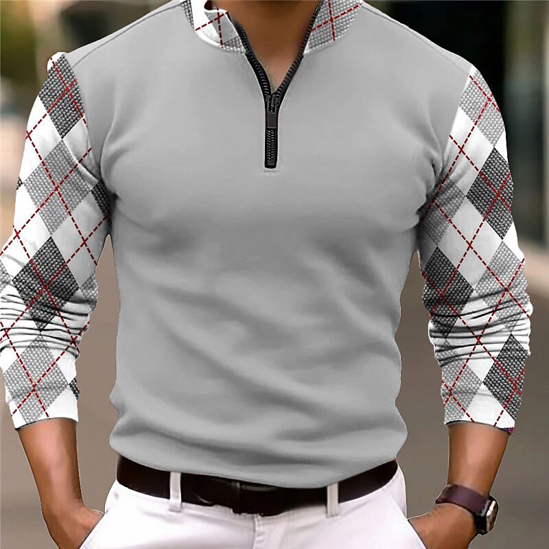 Men's Plaid Zip Polo Long Sleeve Polo Shirts Zip Business Outdoor Casual Daily Streetwear 3D Print Fall & Winter Black White Dark Navy2