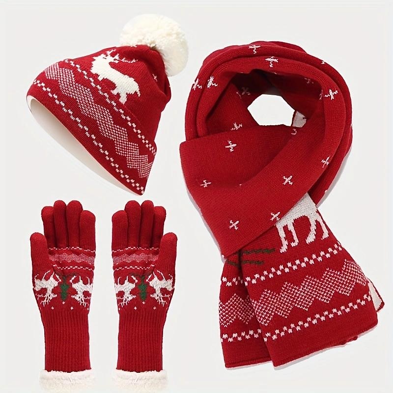 3 PCS Christmas Accessories Set Women's Knitted Hat Scarf Glove Three Piece Set Christmas Gifts Outdoor Thickened and Warm Wool Ball Woolen Hat Set2