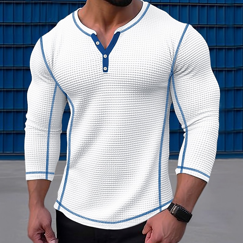 Men's Waffle Tee Button T Shirt T Shirt Waffle Henley Shirt Long Sleeve Henley Spring &  Fall Color Block Vintage Designer Basic Patchwork Vacation Street Going out Black White Navy Blue Top Tee for