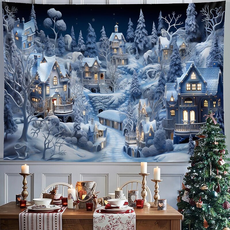 White Winter Snowy Town Hanging Tapestry Wall Art Large Tapestry Mural Decor Photograph Backdrop Blanket Curtain Home Bedroom Living Room Decoration4