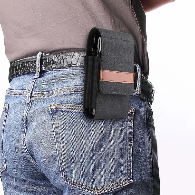 Vertical Nylon Dual Pocket Phone Holster Pouch Belt Clip Case Holder Oxford Cloth Sports Mobile Phone Bag Double Divided Design Power Bank Organizer Earphone Storage Card Storage