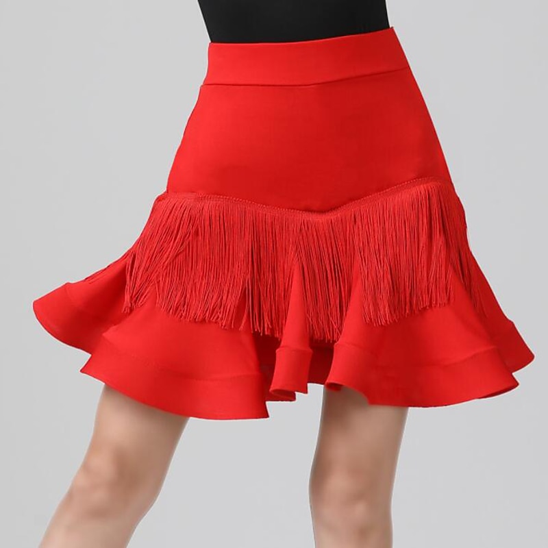 Latin Dance Skirts Pleats Tassel Pure Color Women's Performance Training High Spandex