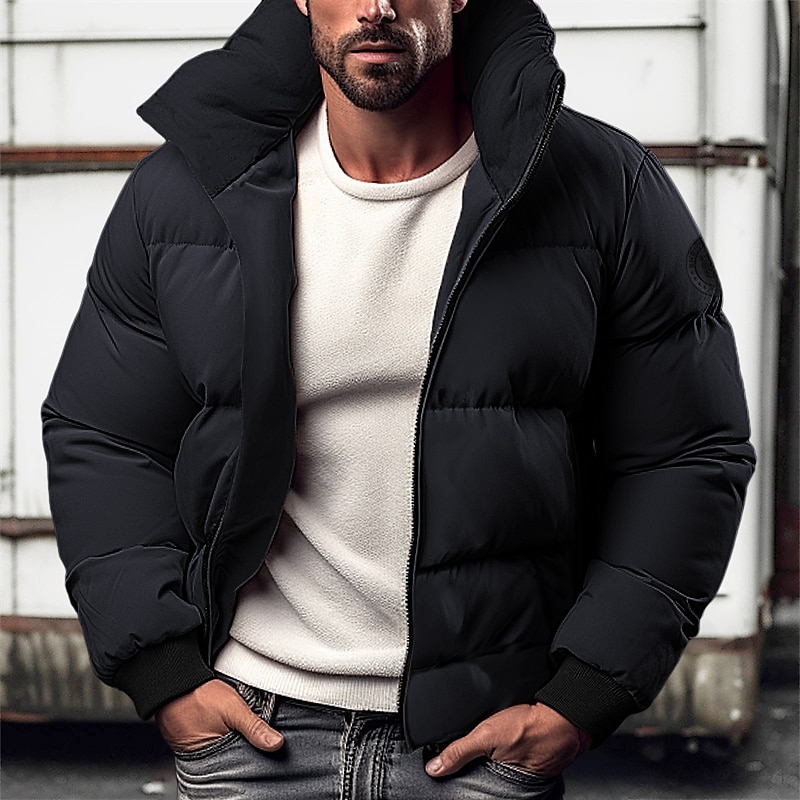 Men's Winter Coat Winter Jacket Puffer Jacket Zipper Pocket Polyster Pocket Office & Career Date Casual Daily Regular Keep Warm Thermal Warm Windproof Outdoor Winter Solid / Plain Color Black Red4