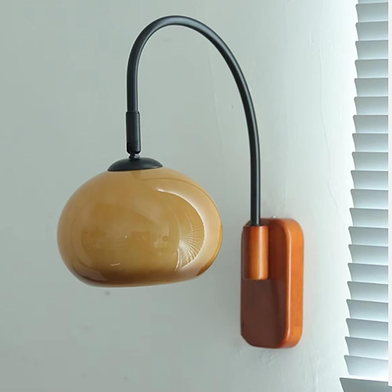 Mid-Century Modern Wall Lamp for Bedroom Vintage Wall Sconce with Milk Glass Plug Gray Wood Industrial Wall Lamp Hardwired Reading Lighting for Bedside and Living Room 110-240V2