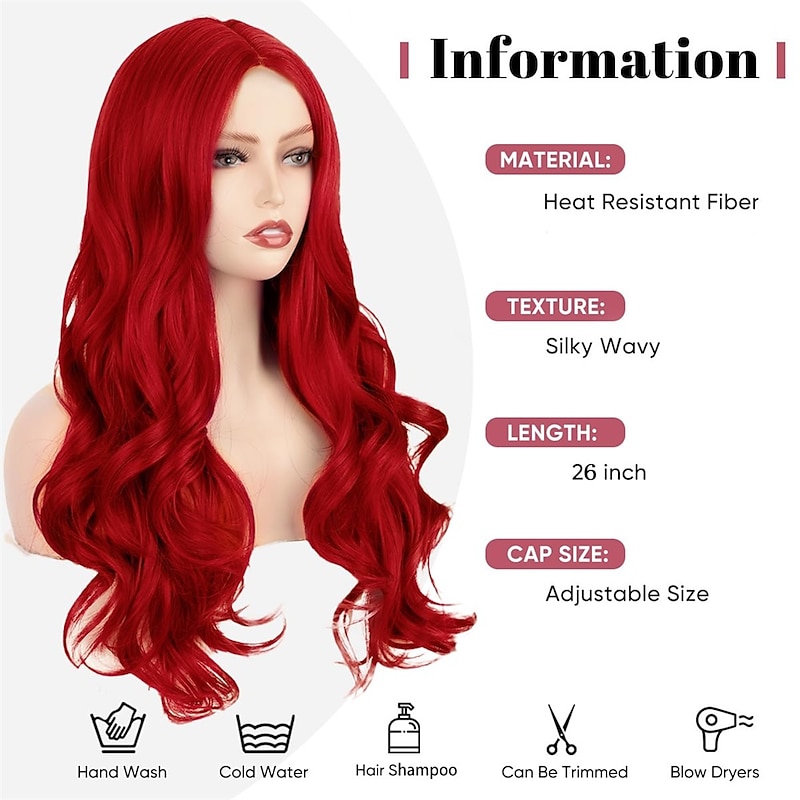 Red Wig for Women Long Wavy Curly Middle Part Wig Natural Looking Synthetic Heat Resistant Fiber Wig for Daily Party Use 26 Inch Christmas Party Wigs3