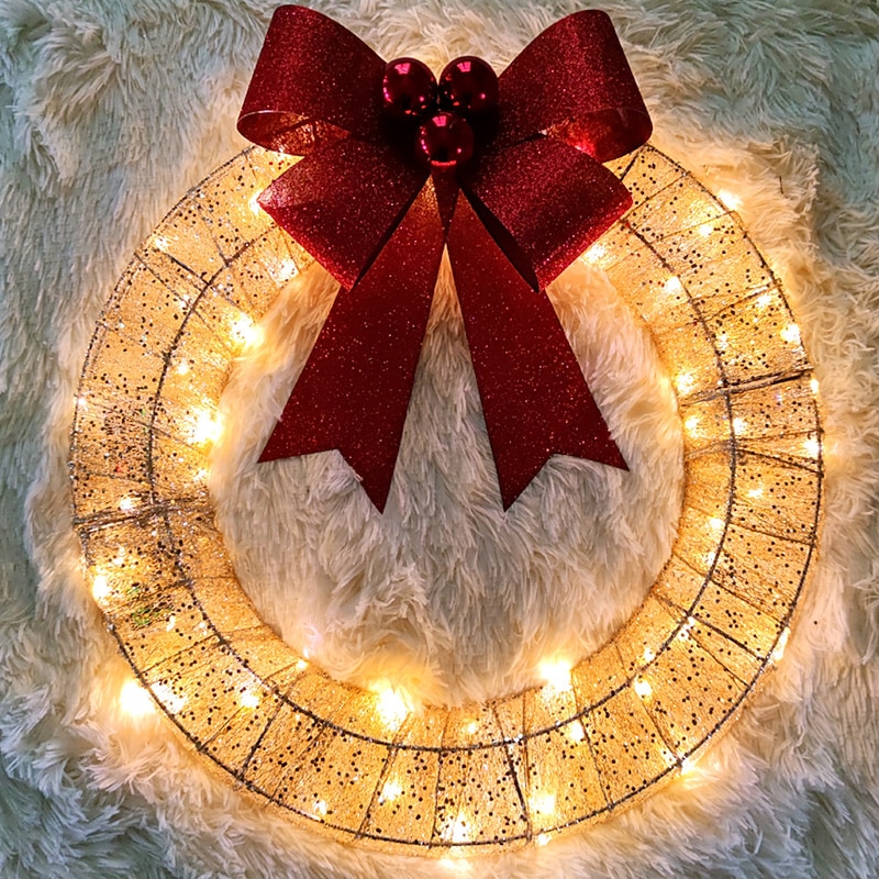 Christmas Front Door Hanging Garland With LED Light Red Bow Artificial Wreath, Xmas Decor4